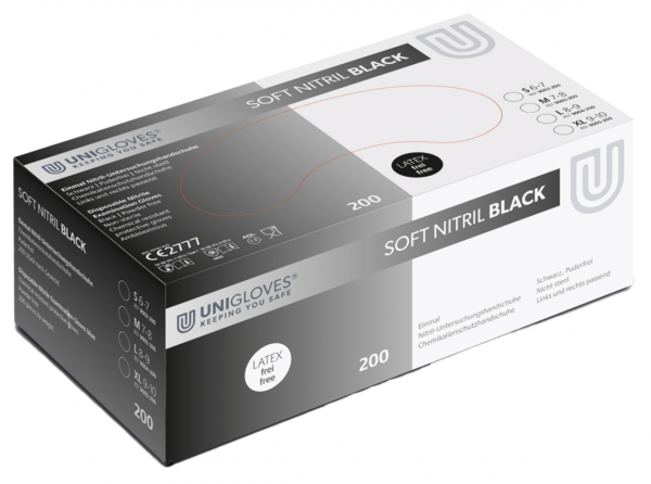 Unigloves Soft Nitrile Black 200 disposable nitrile gloves powder free